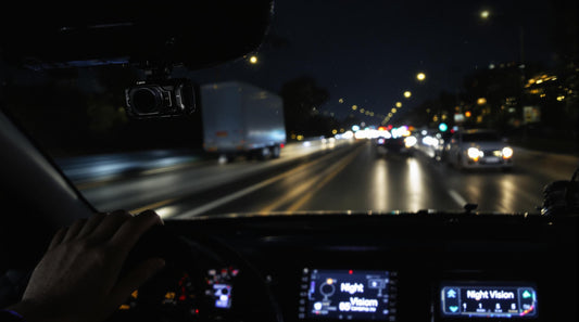 Night highway scene with dash cam showing night vision status