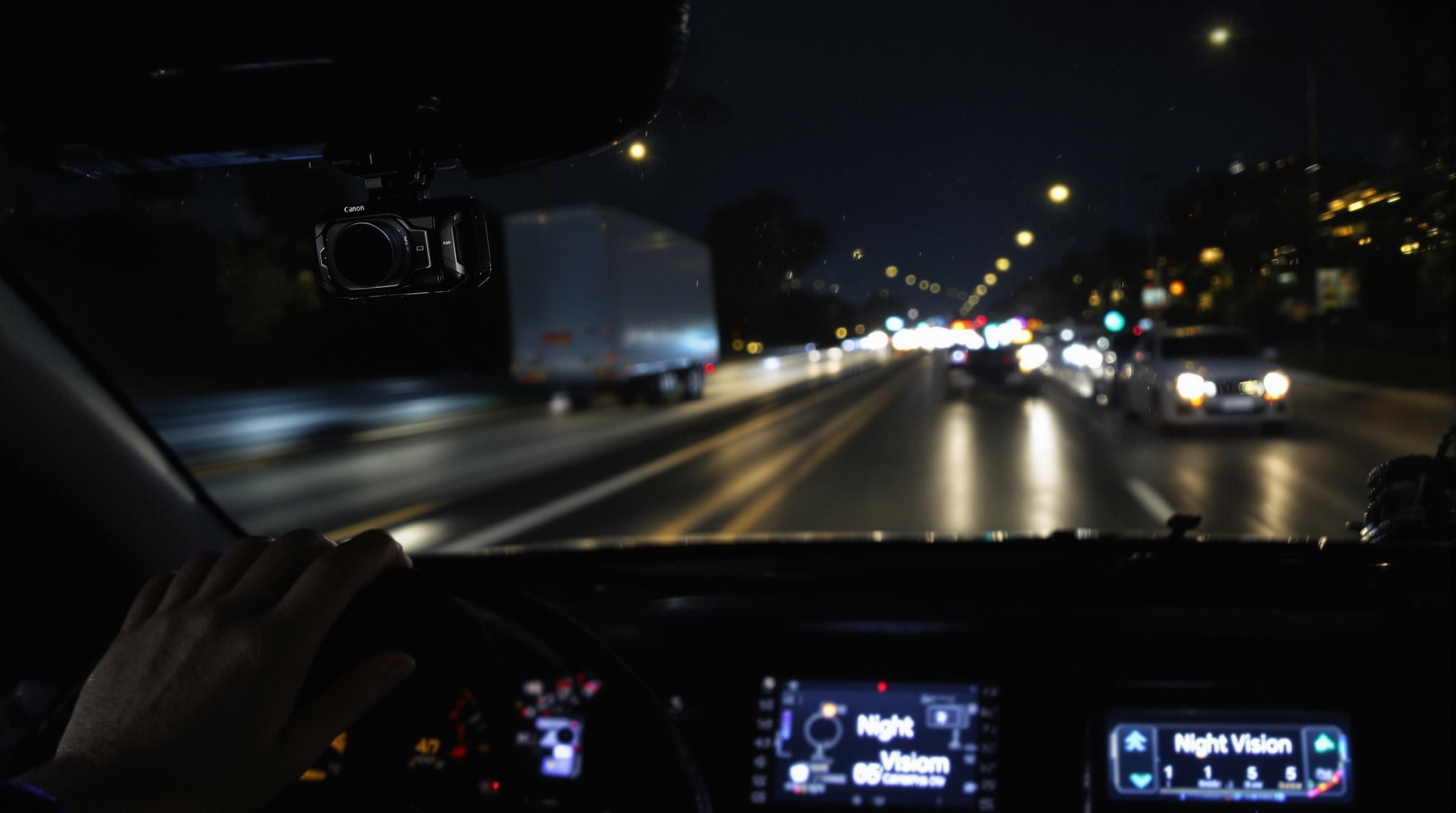 Night highway scene with dash cam showing night vision status