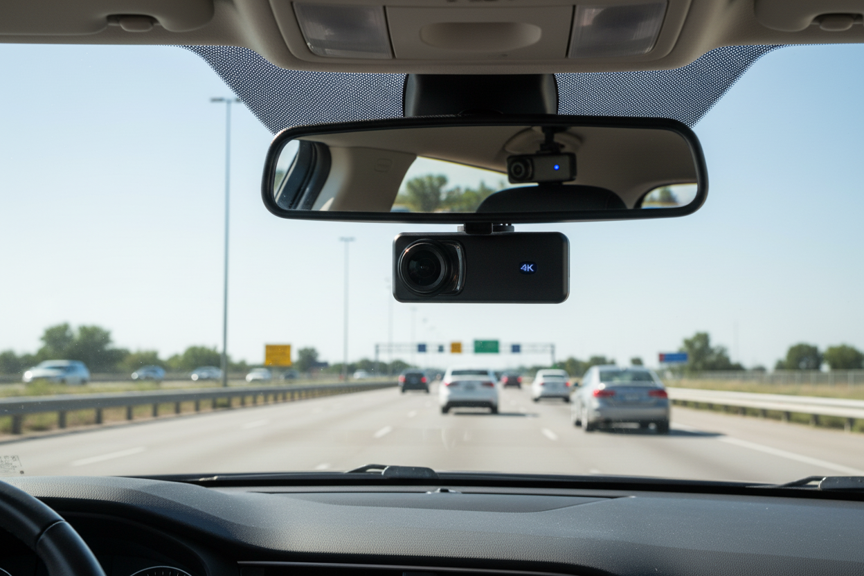 4K dashcam system mounted on windshield capturing clear highway footage for driver safety and security