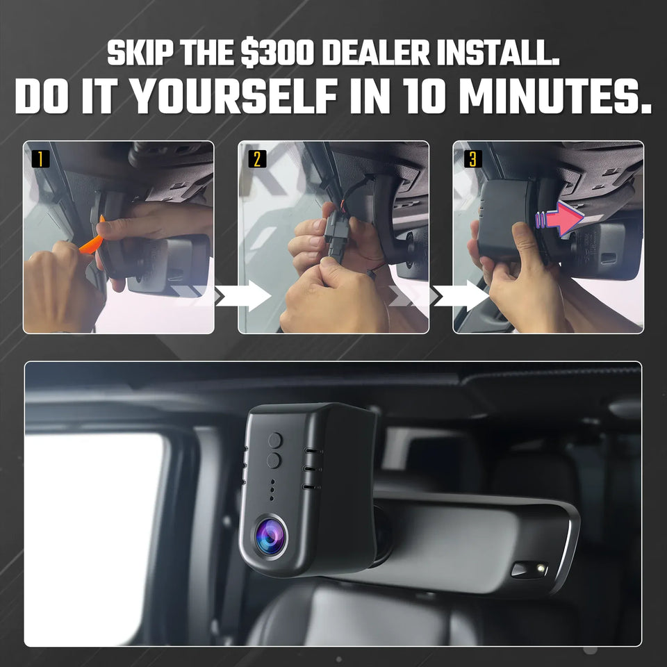 Premium Hidden 4K Dash Cam for Jeep Wrangler | OEM Mirror Mount [2018-2023]