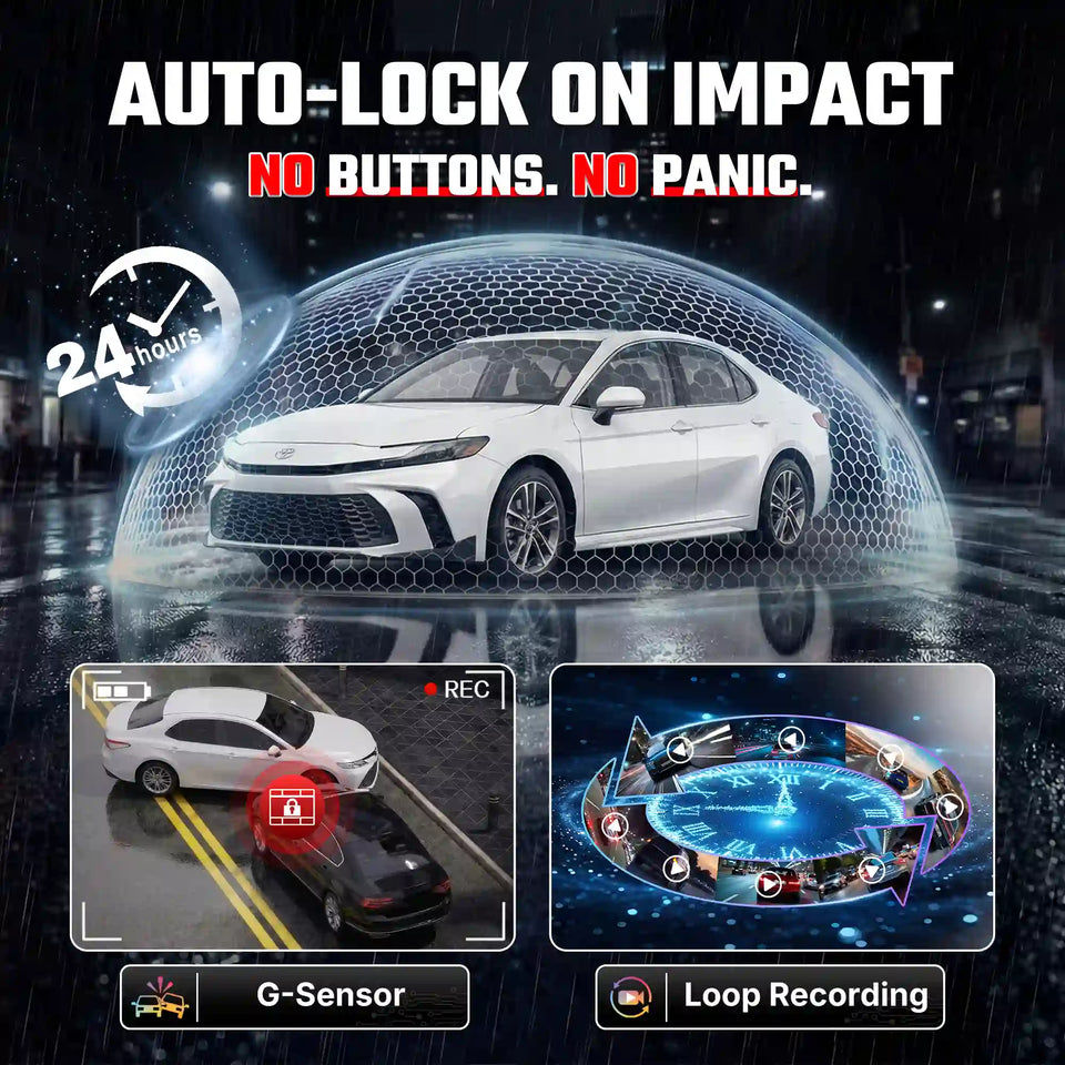 Car with safety features highlighted, including auto-lock on impact and 24-hour monitoring.